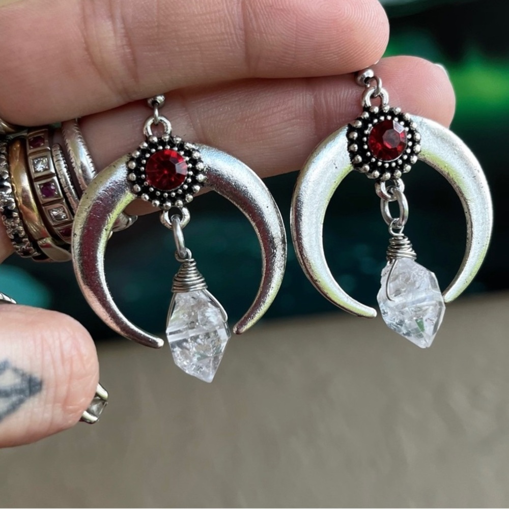 Herkimer diamonds crystals lunula moon charm earrings stainless steel post goth